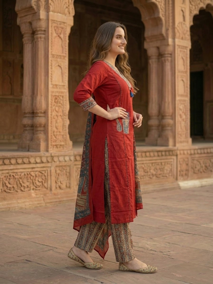 Maroon Cotton Kantha Embroidered Straight Kurta Set with Palazzo & Dupatta