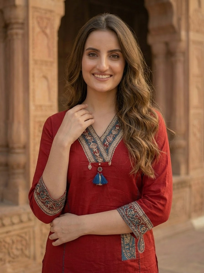 Maroon Cotton Kantha Embroidered Straight Kurta Set with Palazzo & Dupatta