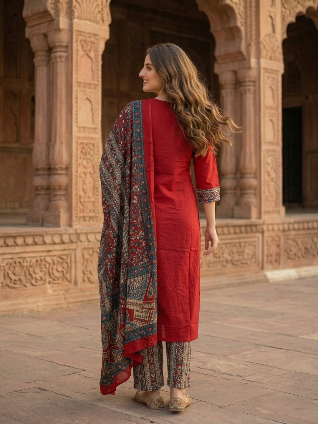 Maroon Cotton Kantha Embroidered Straight Kurta Set with Palazzo & Dupatta