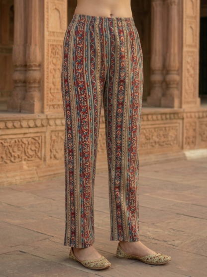 Maroon Cotton Kantha Embroidered Straight Kurta Set with Palazzo & Dupatta