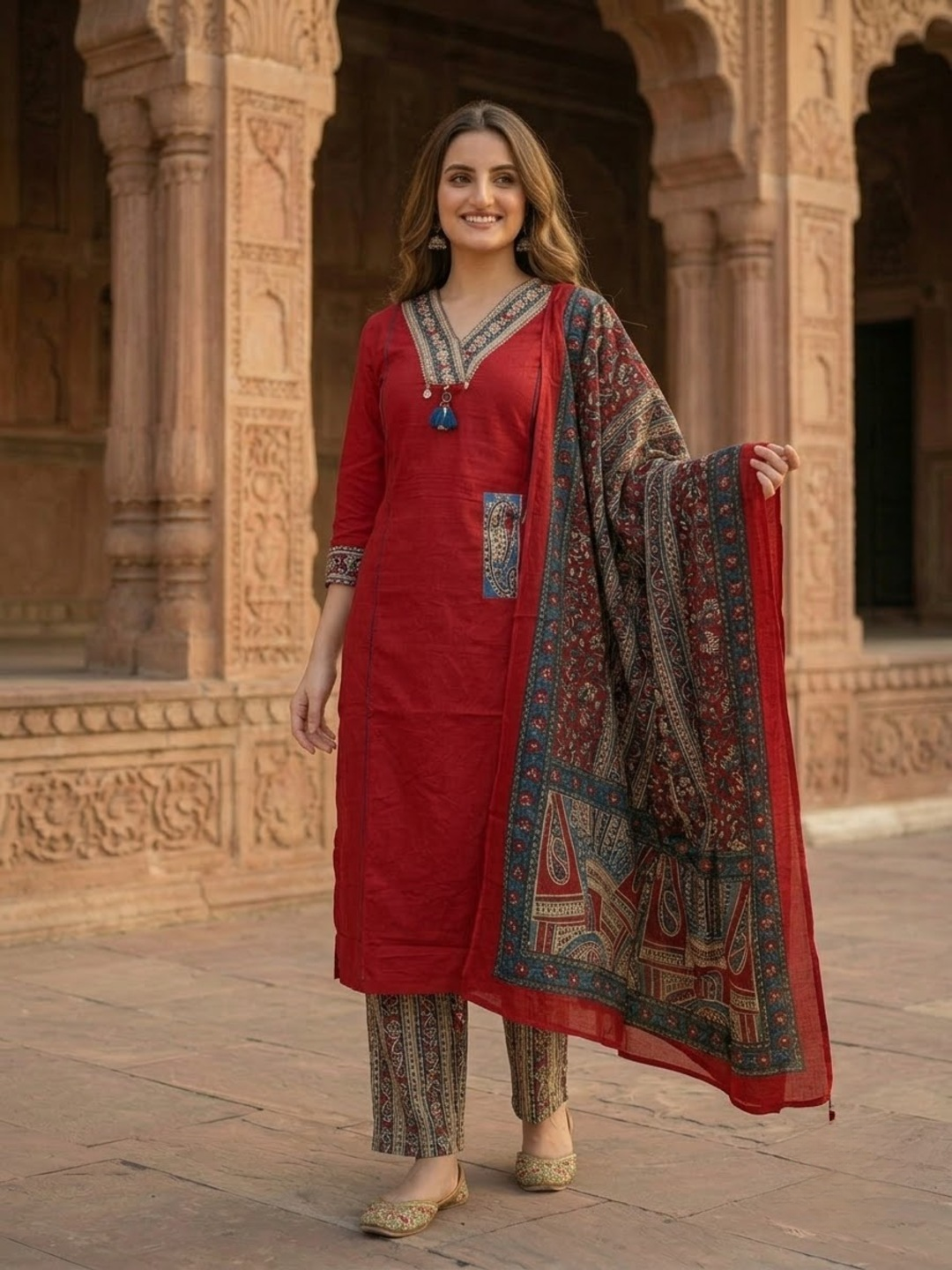 Maroon Cotton Kantha Embroidered Straight Kurta Set with Palazzo & Dupatta