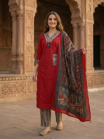 Maroon Cotton Kantha Embroidered Straight Kurta Set with Palazzo & Dupatta