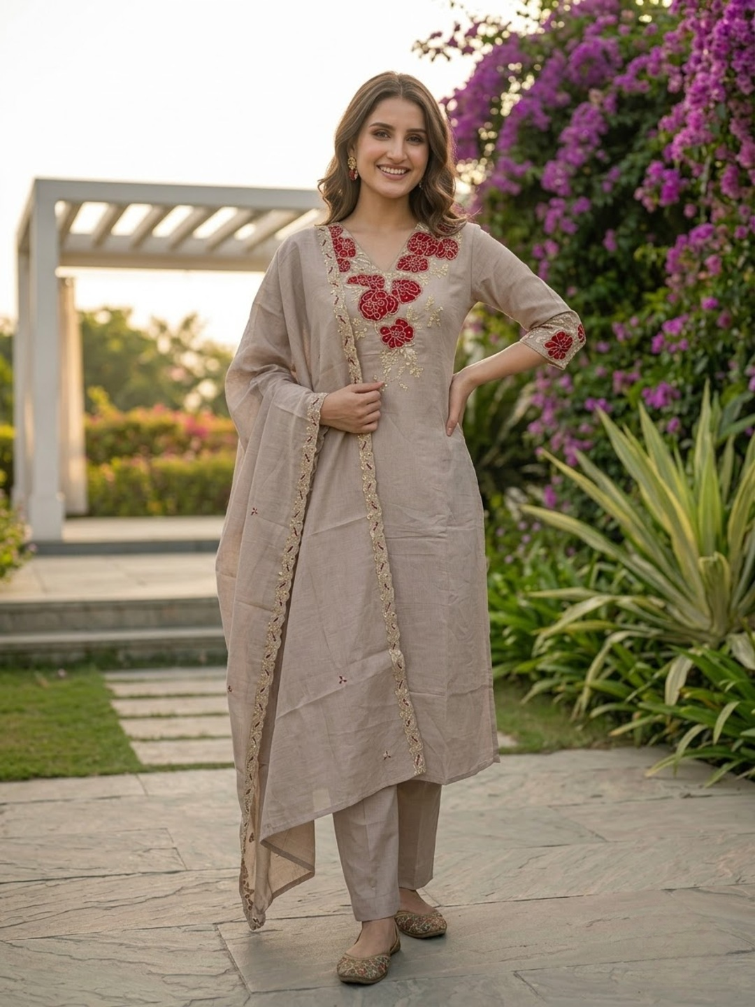 Taupe Floral Appliqué Embroidered Kurta and Bottom & Dupatta