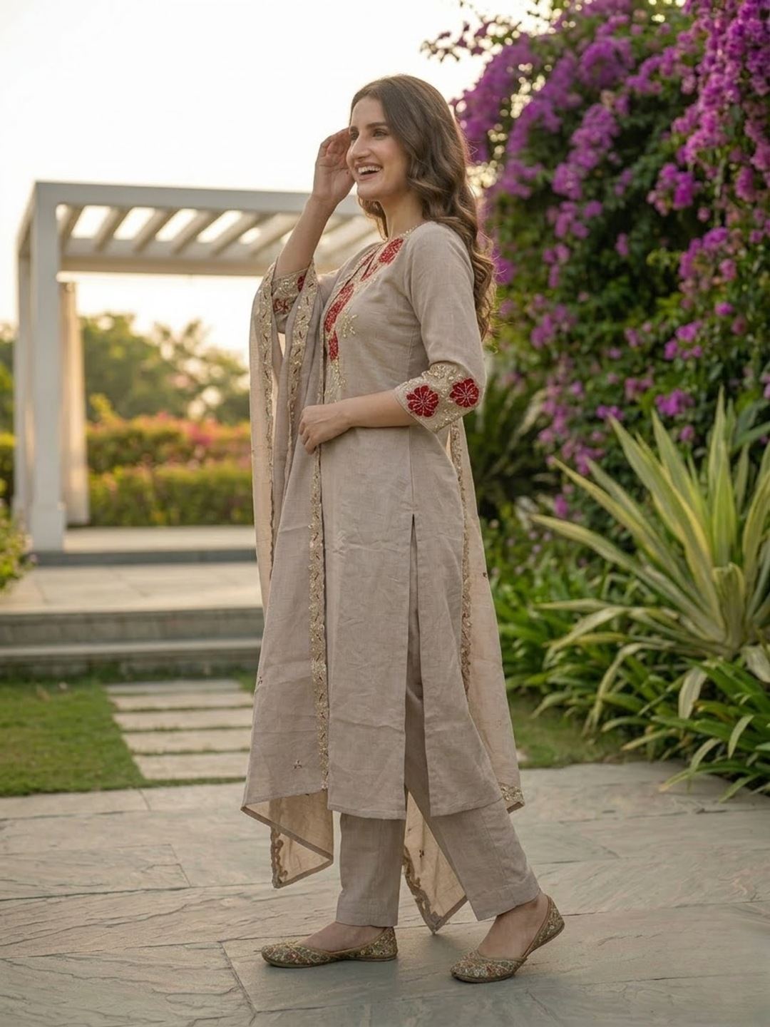 Taupe Floral Appliqué Embroidered Kurta and Bottom & Dupatta