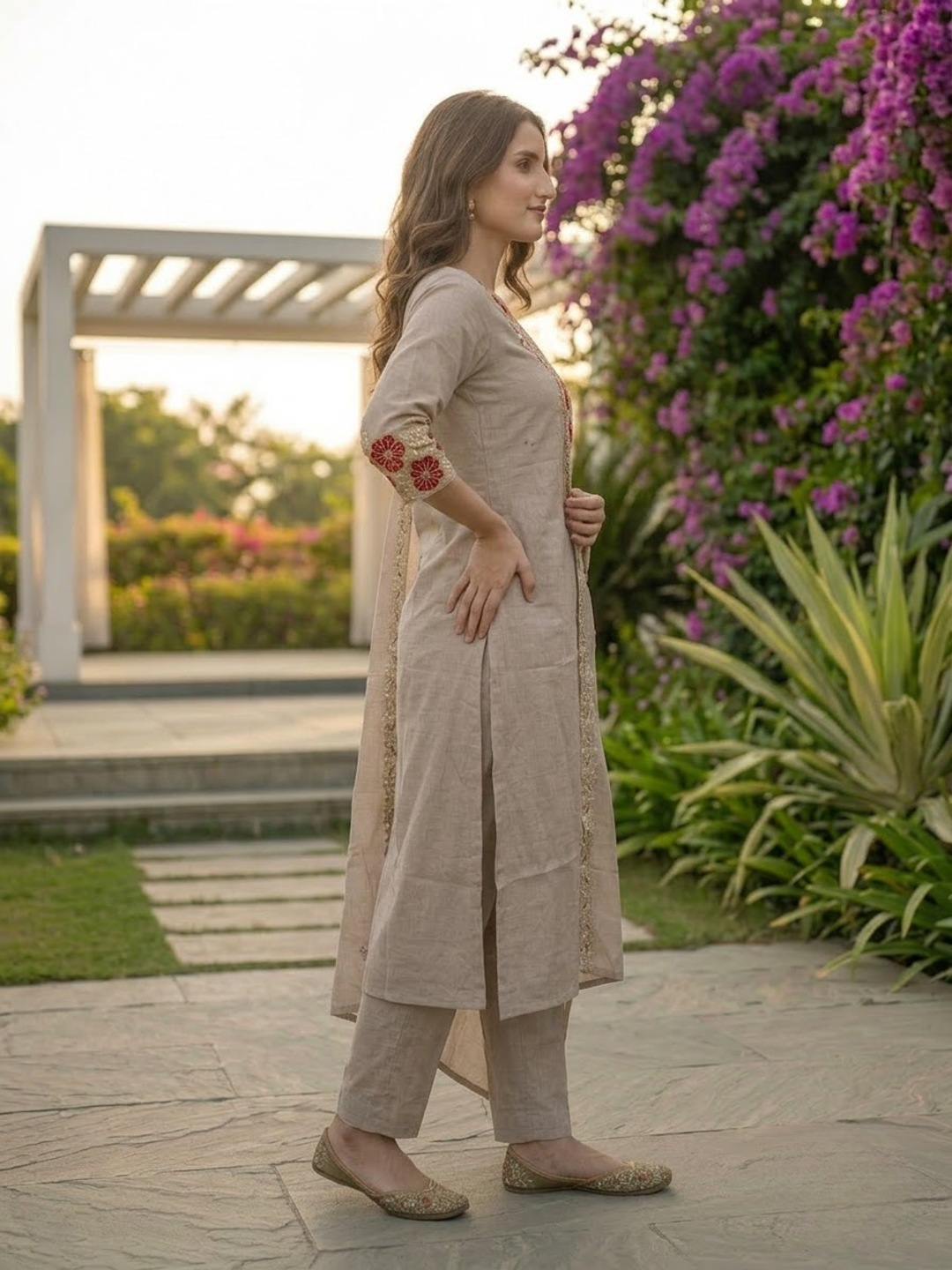Taupe Floral Appliqué Embroidered Kurta and Bottom & Dupatta