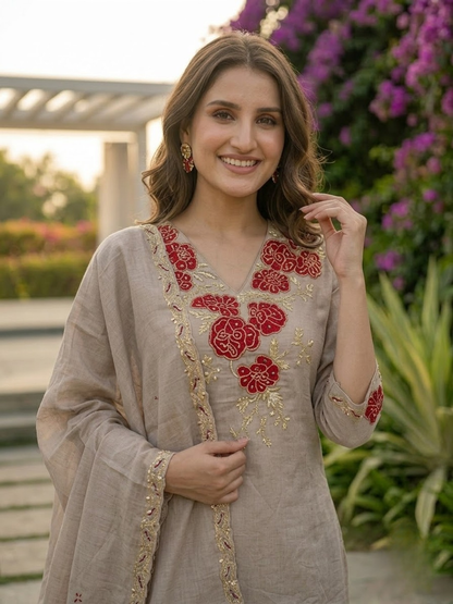 Taupe Floral Appliqué Embroidered Kurta and Bottom & Dupatta