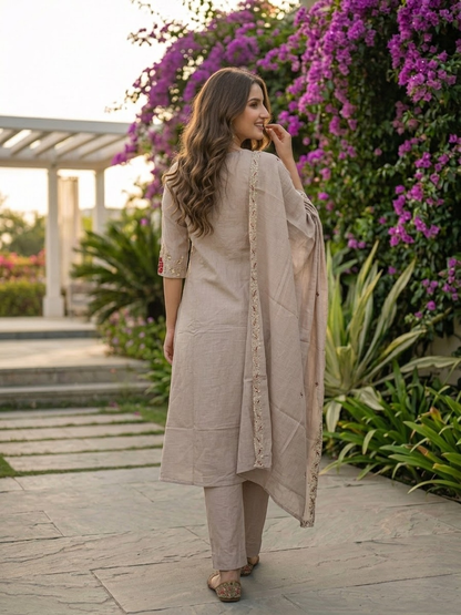 Taupe Floral Appliqué Embroidered Kurta and Bottom & Dupatta