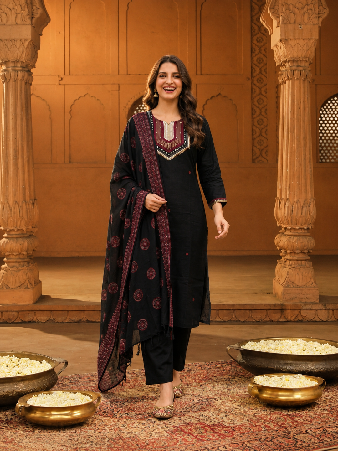 Black & Gold Embellished Kurta and pant & Dupatta