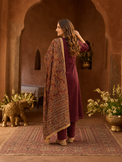 Magenta Cotton Angrakha A-Line Kurta Set with Palazzo & Dupatta