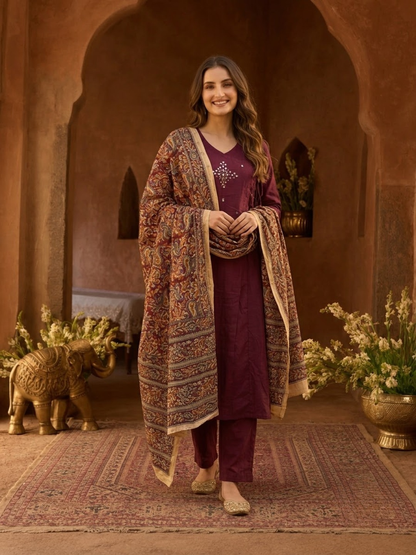Magenta Cotton Angrakha A-Line Kurta Set with Palazzo & Dupatta