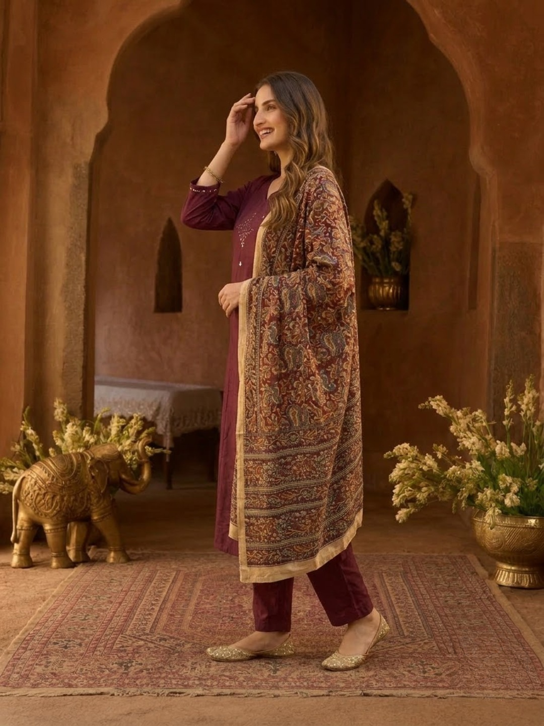 Magenta Cotton Angrakha A-Line Kurta Set with Palazzo & Dupatta