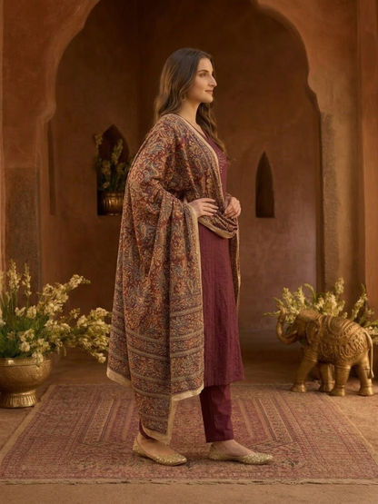 Magenta Cotton Angrakha A-Line Kurta Set with Palazzo & Dupatta