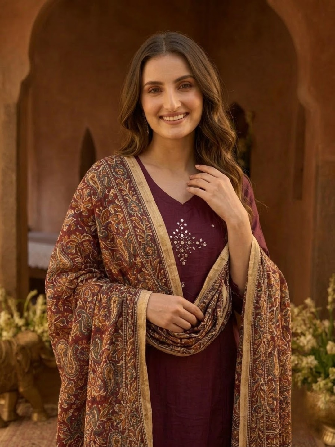 Magenta Cotton Angrakha A-Line Kurta Set with Palazzo & Dupatta