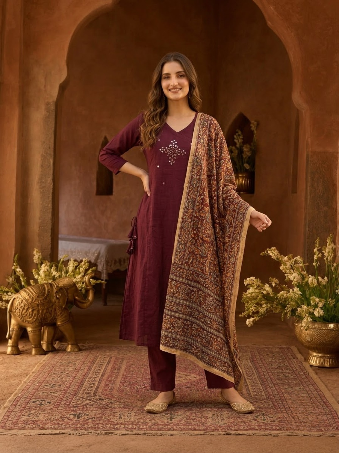 Magenta Cotton Angrakha A-Line Kurta Set with Palazzo & Dupatta
