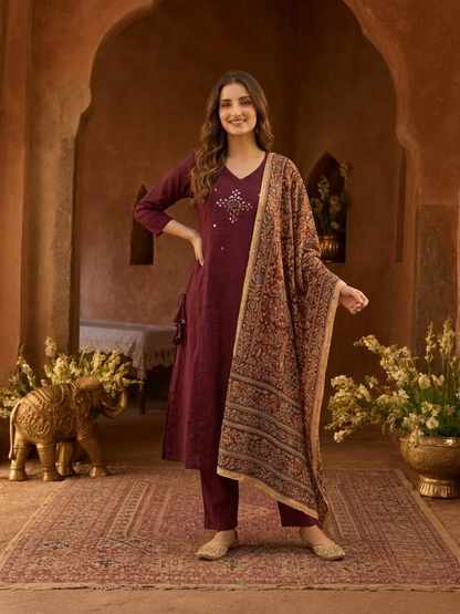 Magenta Cotton Angrakha A-Line Kurta Set with Palazzo & Dupatta