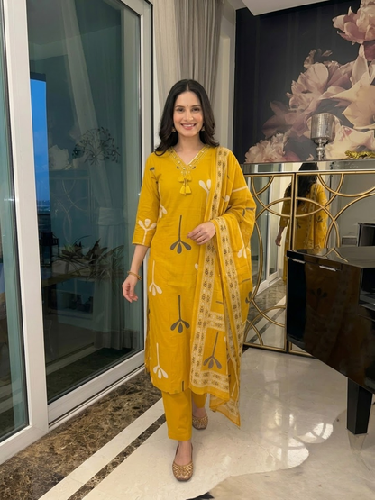 Mustard Cotton Abstract Print Kurta Set with Palazzo & Dupatta