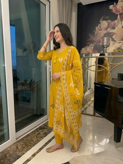 Mustard Cotton Abstract Print Kurta Set with Palazzo & Dupatta