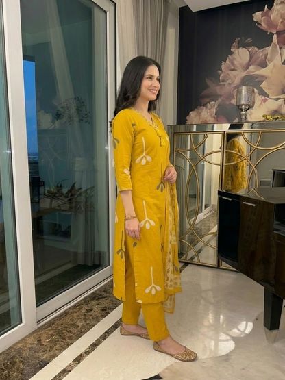 Mustard Cotton Abstract Print Kurta Set with Palazzo & Dupatta