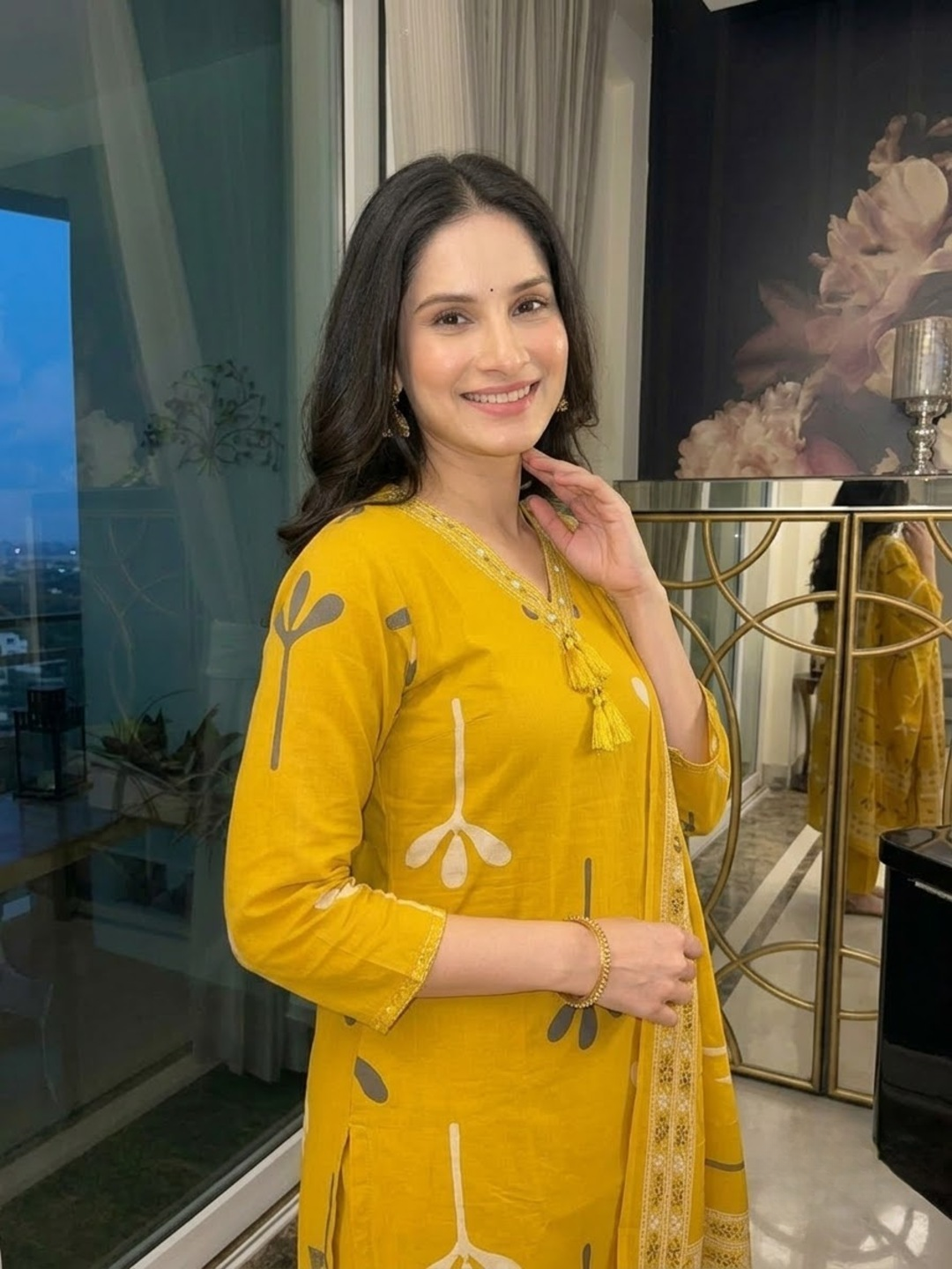 Mustard Cotton Abstract Print Kurta Set with Palazzo & Dupatta