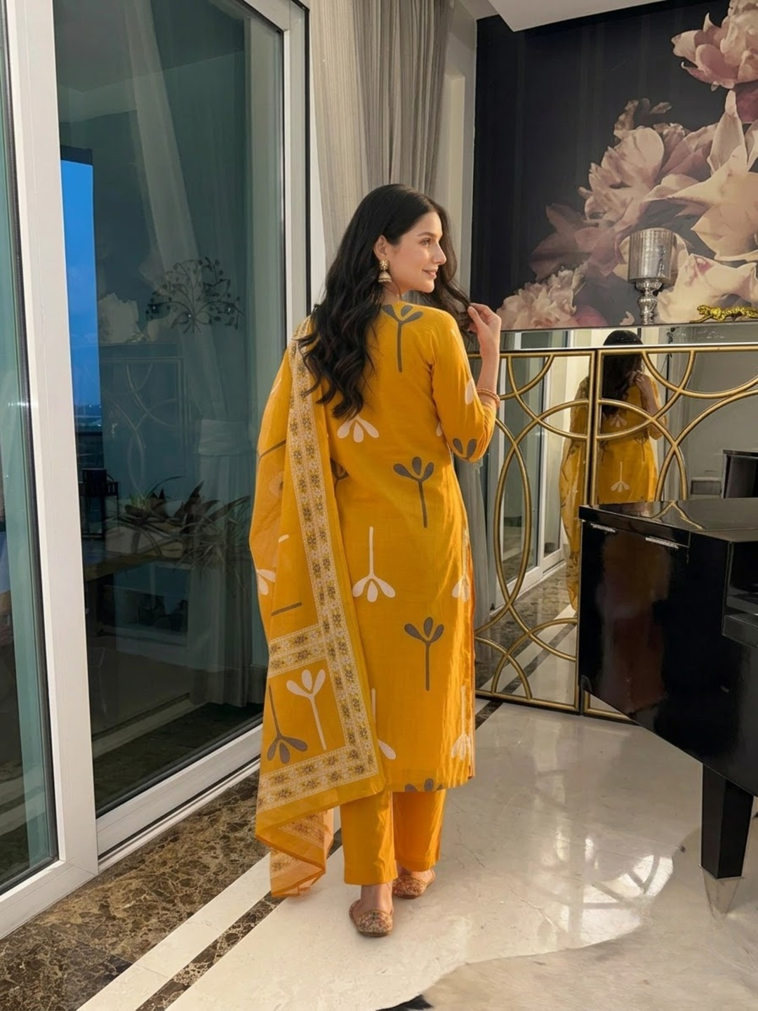 Mustard Cotton Abstract Print Kurta Set with Palazzo & Dupatta
