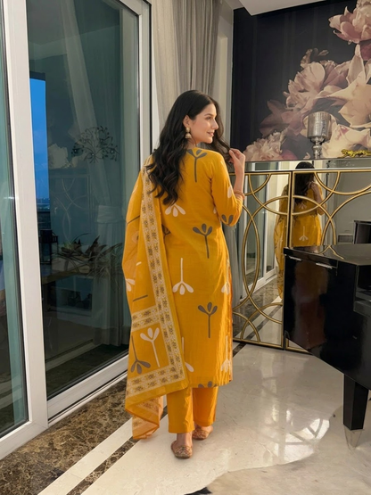 Mustard Cotton Abstract Print Kurta Set with Palazzo & Dupatta