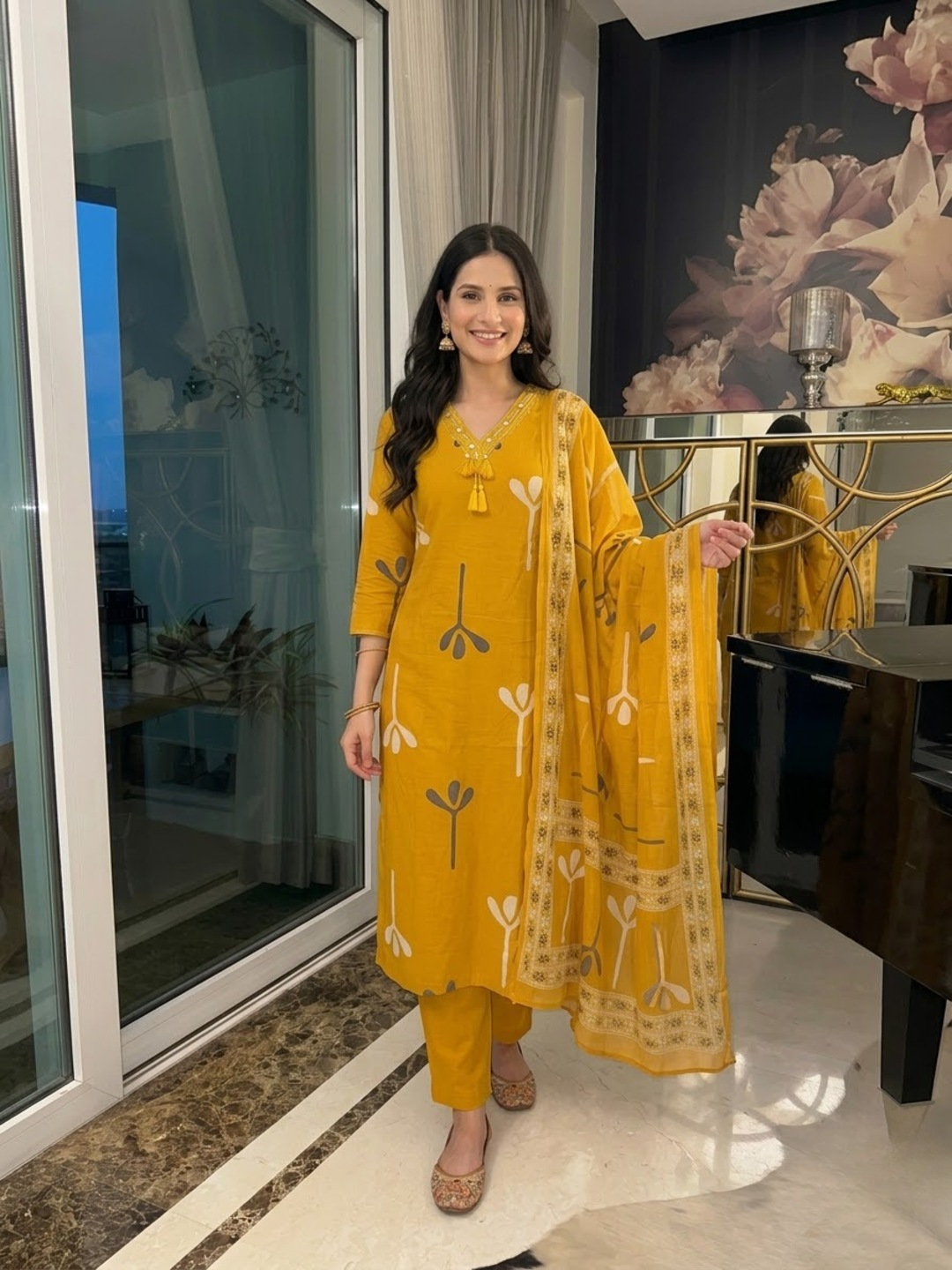 Mustard Cotton Abstract Print Kurta Set with Palazzo & Dupatta