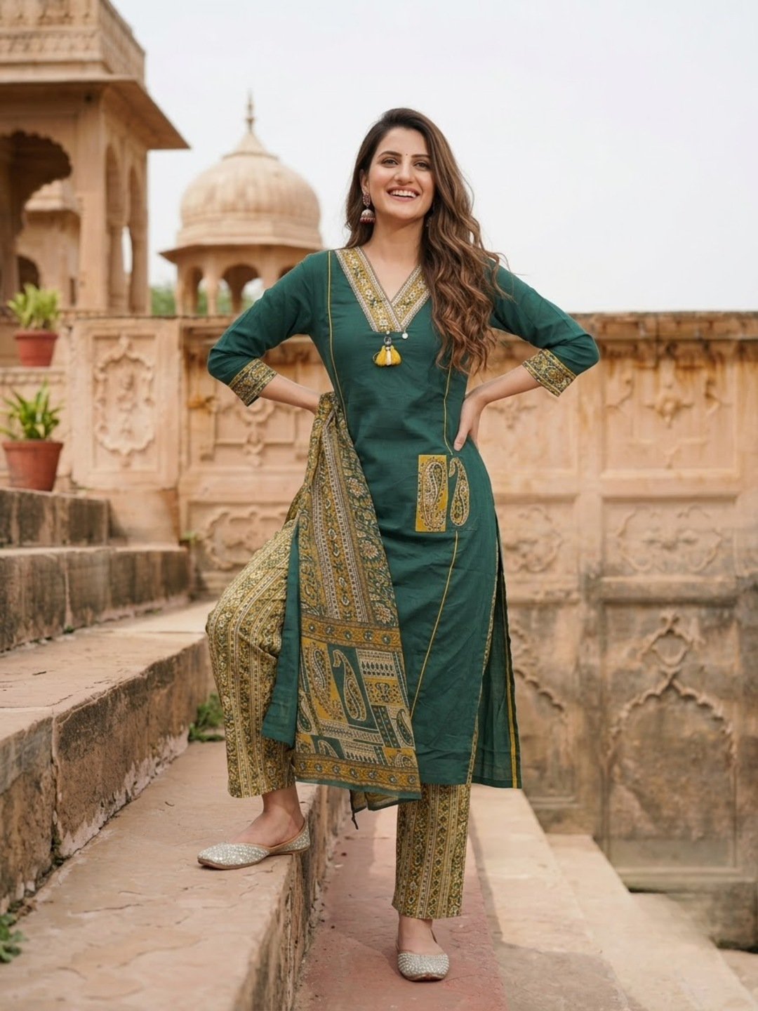 Green Cotton Kantha Embroidered Straight Kurta Set with Palazzo & Dupatta