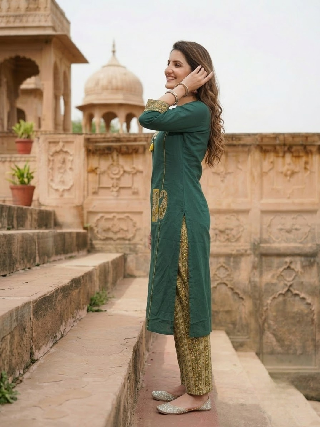 Green Cotton Kantha Embroidered Straight Kurta Set with Palazzo & Dupatta