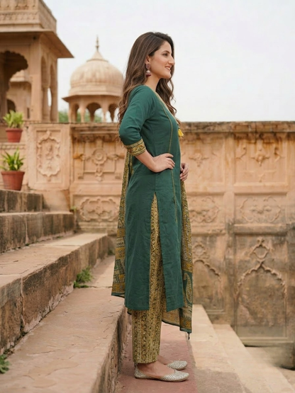 Green Cotton Kantha Embroidered Straight Kurta Set with Palazzo & Dupatta