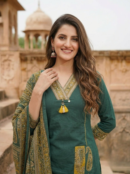 Green Cotton Kantha Embroidered Straight Kurta Set with Palazzo & Dupatta