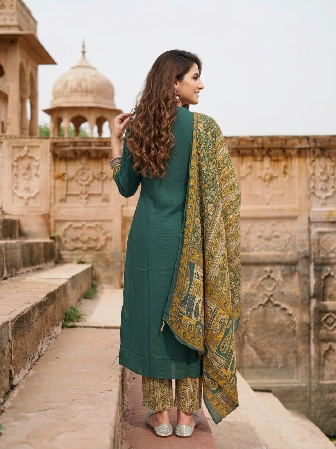 Green Cotton Kantha Embroidered Straight Kurta Set with Palazzo & Dupatta