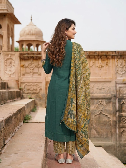 Green Cotton Kantha Embroidered Straight Kurta Set with Palazzo & Dupatta