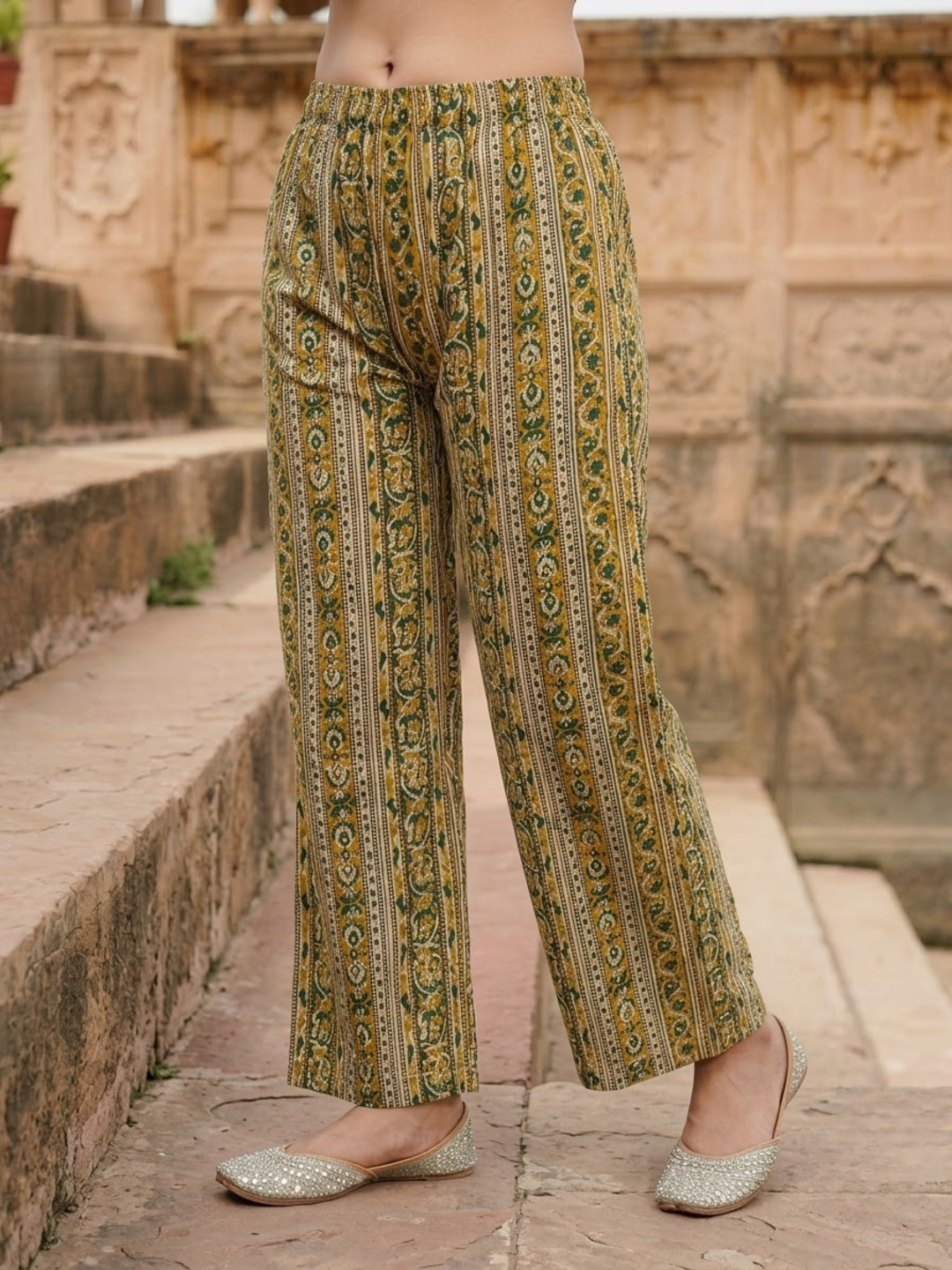 Green Cotton Kantha Embroidered Straight Kurta Set with Palazzo & Dupatta