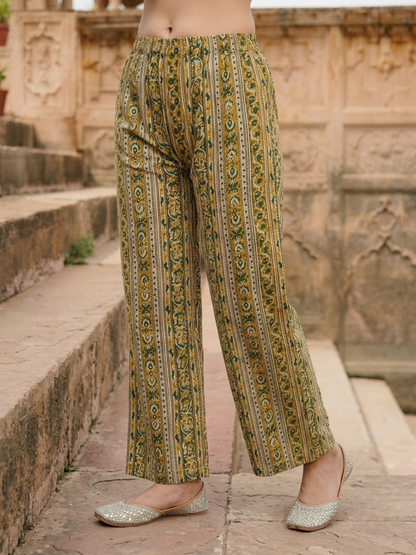 Green Cotton Kantha Embroidered Straight Kurta Set with Palazzo & Dupatta
