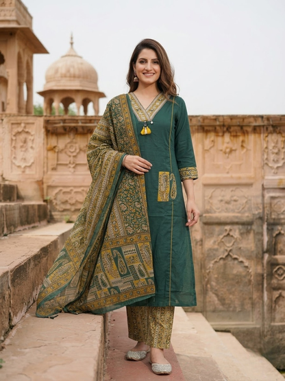 Green Cotton Kantha Embroidered Straight Kurta Set with Palazzo & Dupatta