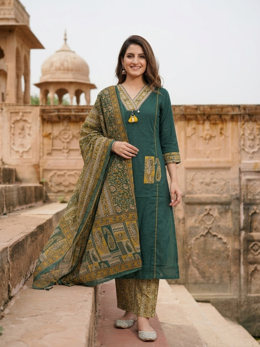 Green Cotton Kantha Embroidered Straight Kurta Set with Palazzo & Dupatta