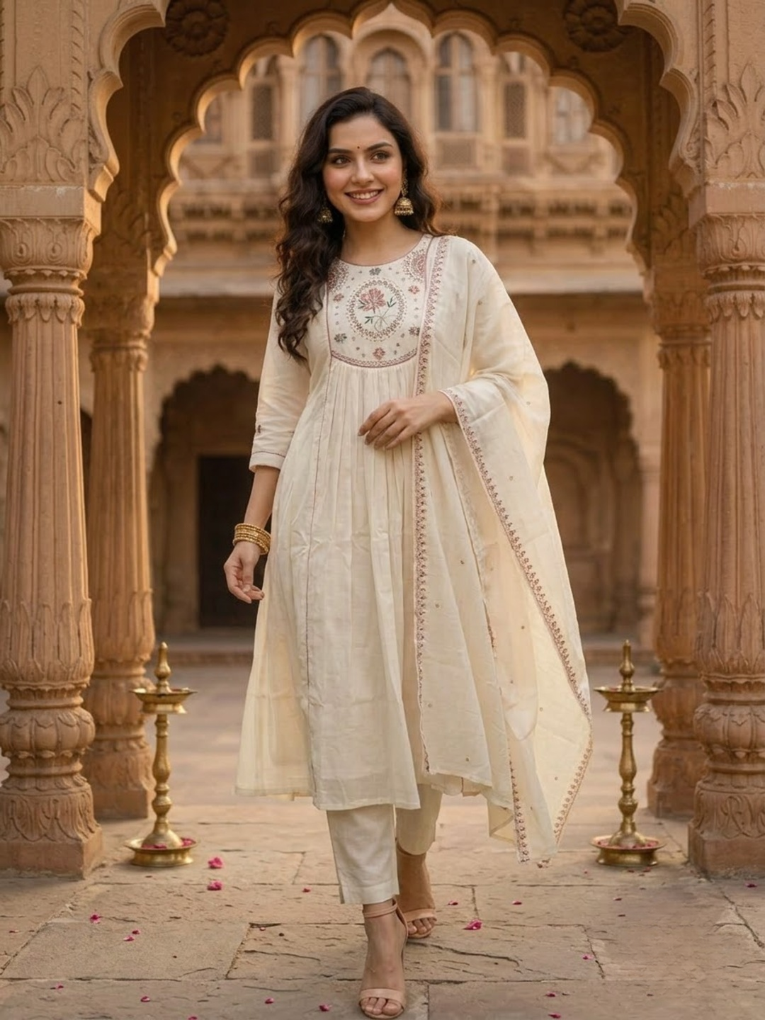 Cream Embroidered Zardozi 3-Piece Kurta Set