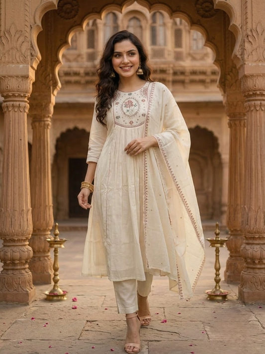 Cream Embroidered Zardozi 3-Piece Kurta Set
