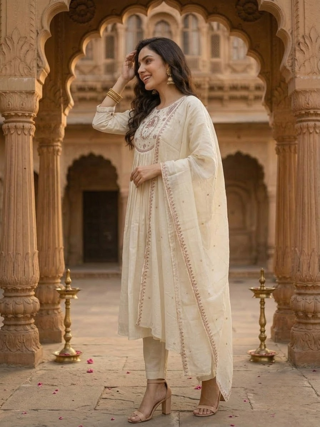 Cream Embroidered Zardozi 3-Piece Kurta Set