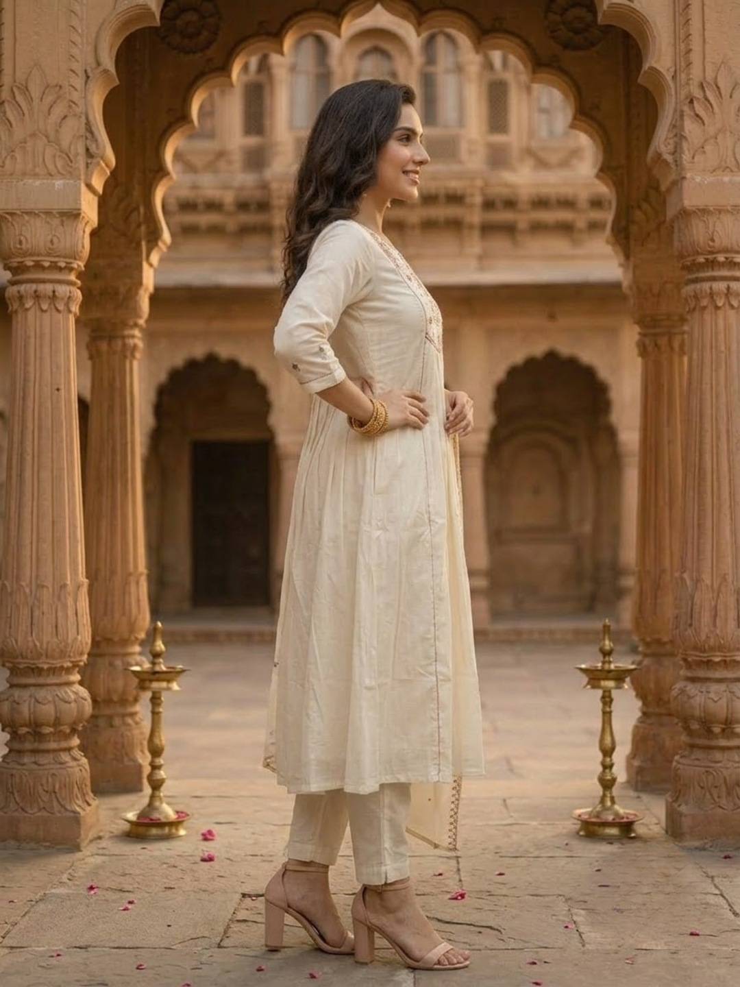 Cream Embroidered Zardozi 3-Piece Kurta Set