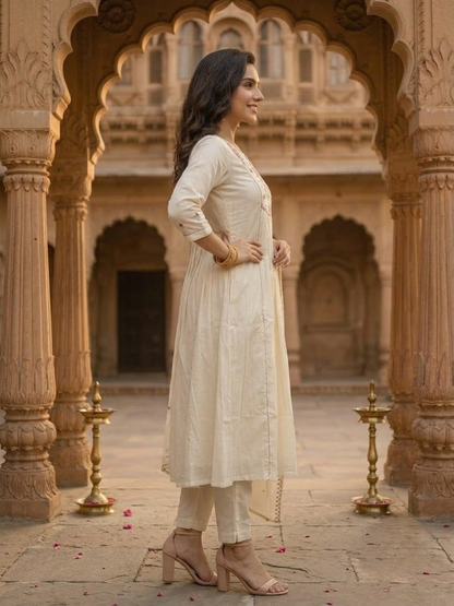 Cream Embroidered Zardozi 3-Piece Kurta Set