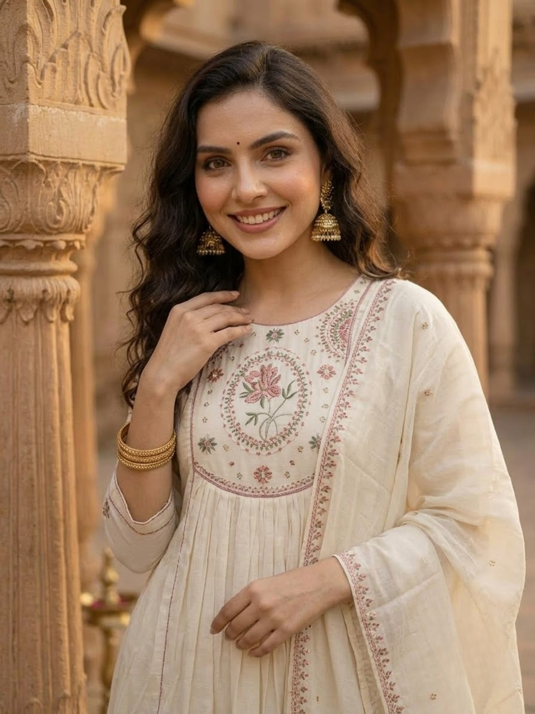 Cream Embroidered Zardozi 3-Piece Kurta Set