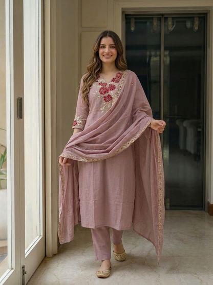 Mauve Floral Appliqué Embroidered 3-Piece Kurta Set