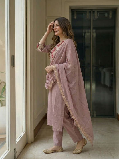 Mauve Floral Appliqué Embroidered 3-Piece Kurta Set