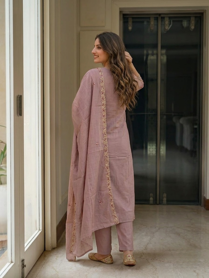 Mauve Floral Appliqué Embroidered 3-Piece Kurta Set
