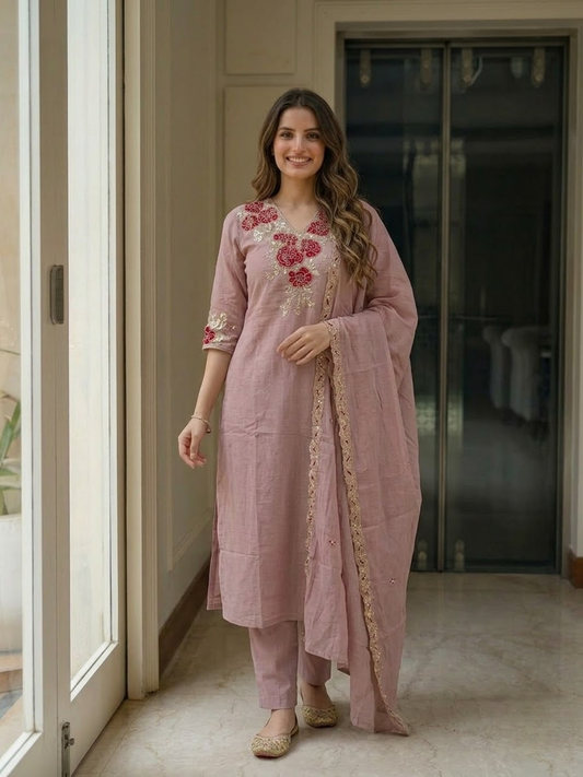Mauve Floral Appliqué Embroidered 3-Piece Kurta Set