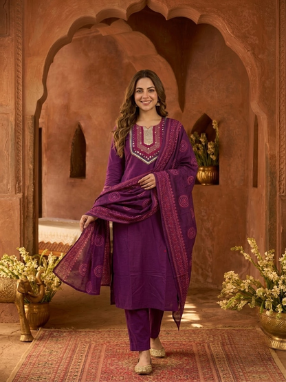 Purple & Gold Embellished Kurta and Pant & Dupatta