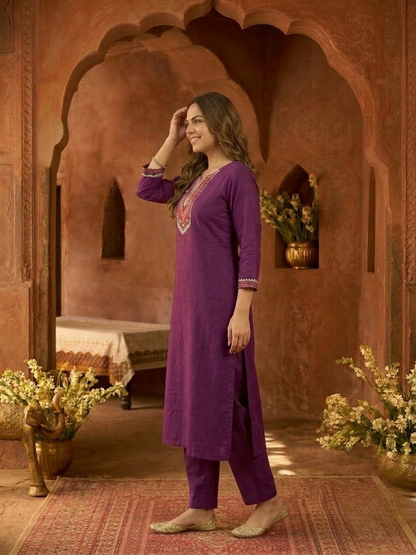 Purple & Gold Embellished Kurta and Pant & Dupatta