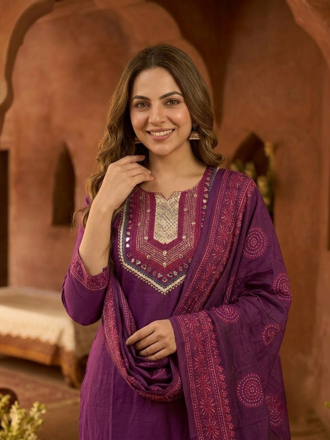Purple & Gold Embellished Kurta and Pant & Dupatta