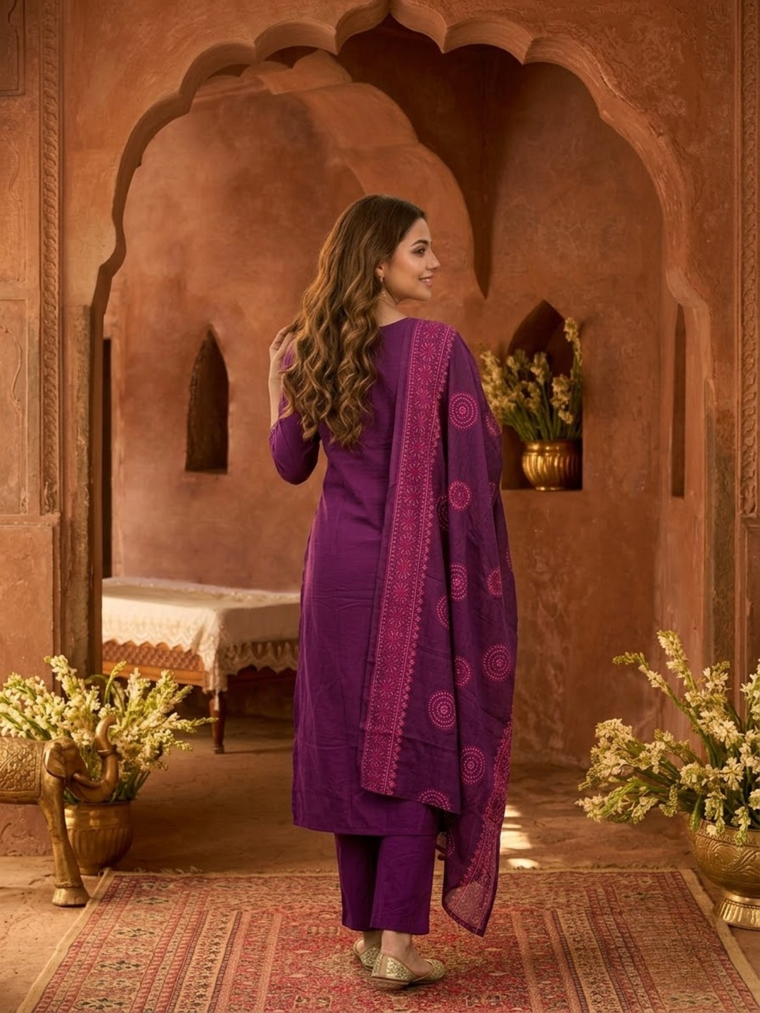Purple & Gold Embellished Kurta and Pant & Dupatta